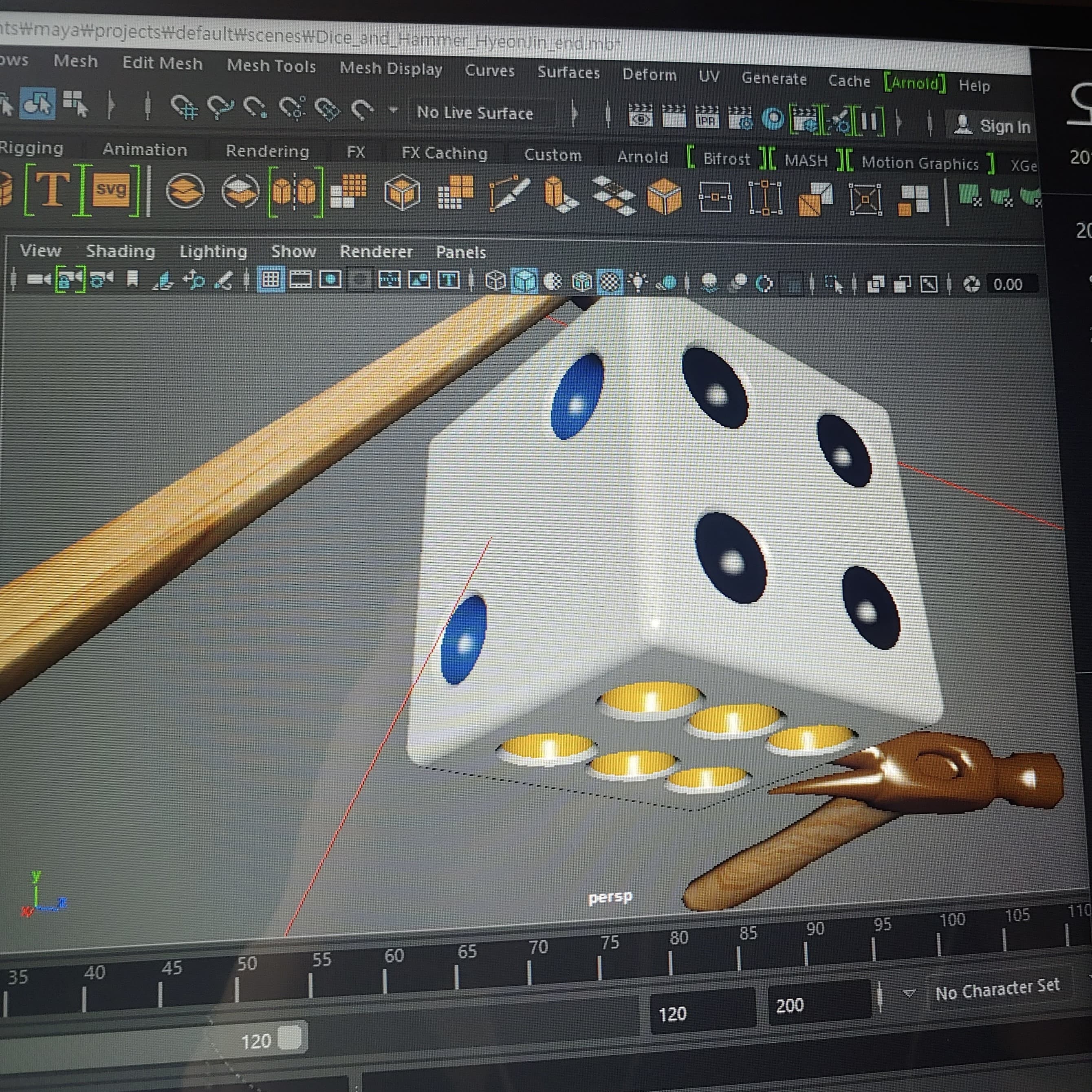 1학년 2학기 '3D그래픽스' 강의에서 만든 주사위에요! 3D MAYA 프로그램을 이용해서 수업시간에 주사위, 망치를 3D로 만들어보는 시간을 가진답니다.